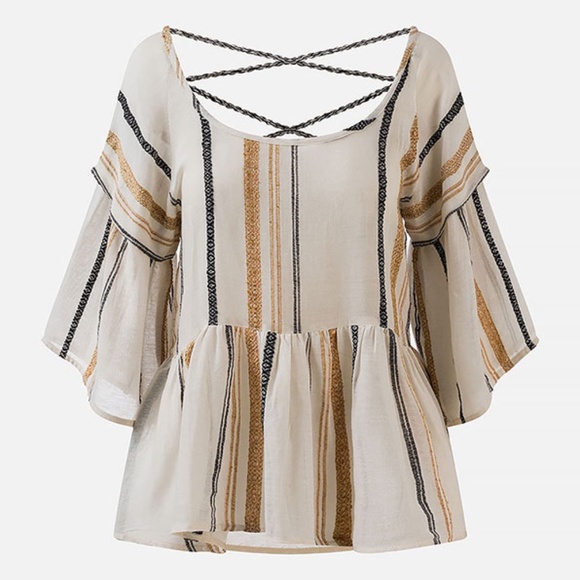 Ada Kamara | Criss Cross Embroidered Striped Textured Knit Peplum Boho Blouse - Picture 13 of 13